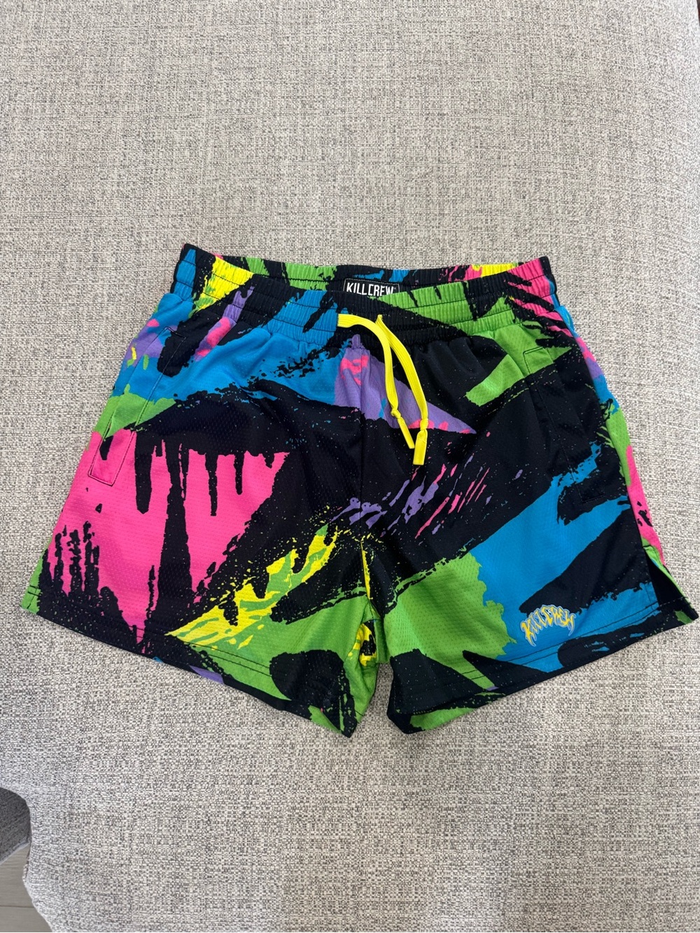 Kill Crew Retro 80s Multicolor Splatter Print Unisex Muay Thai Shorts, Sz Medium